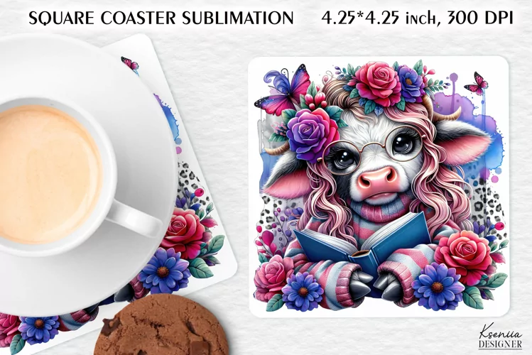 Cow Reading Book|Flower Valentines Day Square Coaster