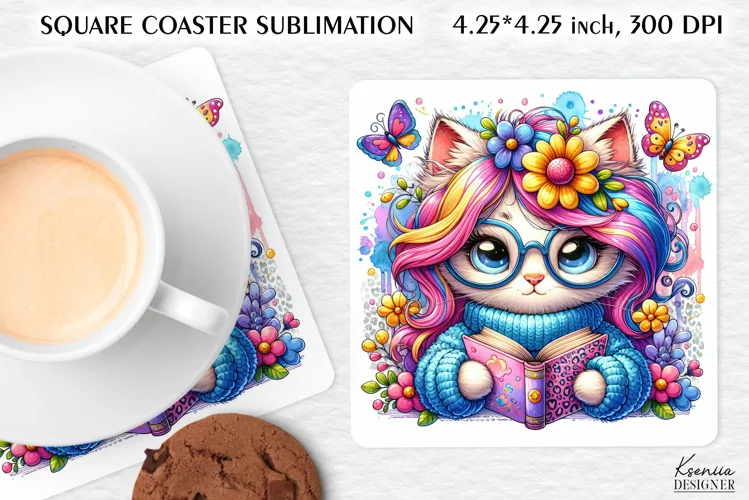 Cat Reading Book|Flower Valentines Day Square Coaster