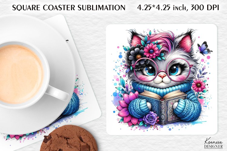 Cat Reading Book|Flower Valentines Day Square Coaster example image 1