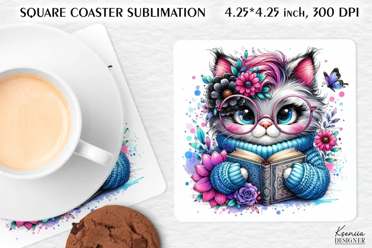 Cat Reading Book|Flower Valentines Day Square Coaster