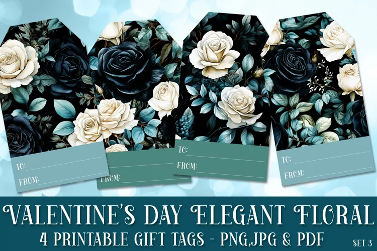 Valentine's Day Elegant Roses Printable Gift Tags & Sheet, 3