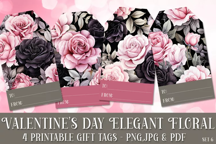 Valentine's Day Elegant Roses Printable Gift Tags & Sheet, 6