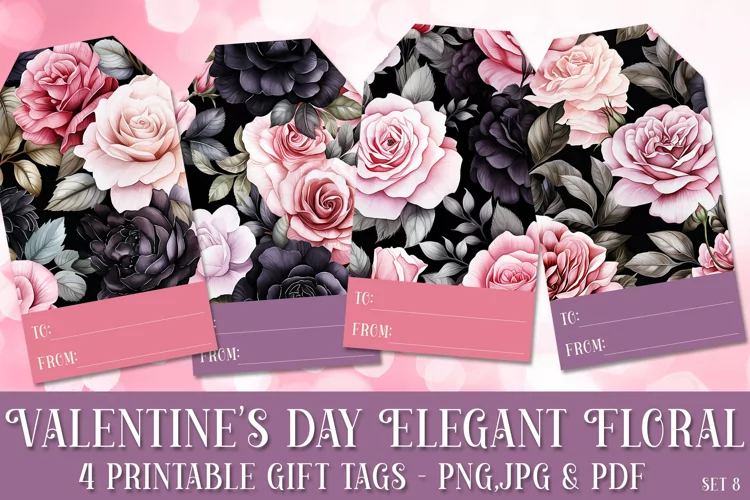 Valentine's Day Elegant Roses Printable Gift Tags & Sheet, 8