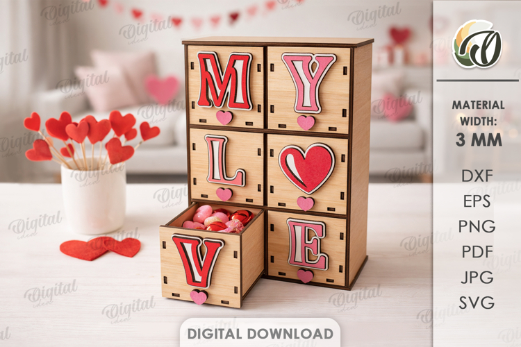 Valentines Day Box With Drawers Laser Cut.Candy Box SVG