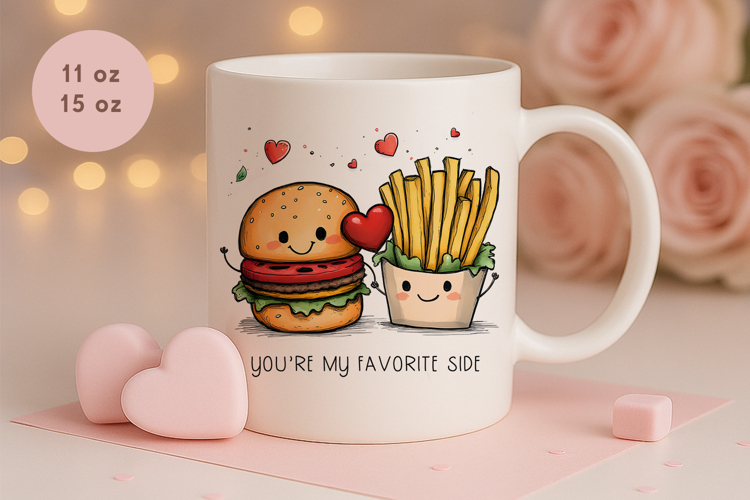 Funny valentines day mug, burger and fries, food pun mug