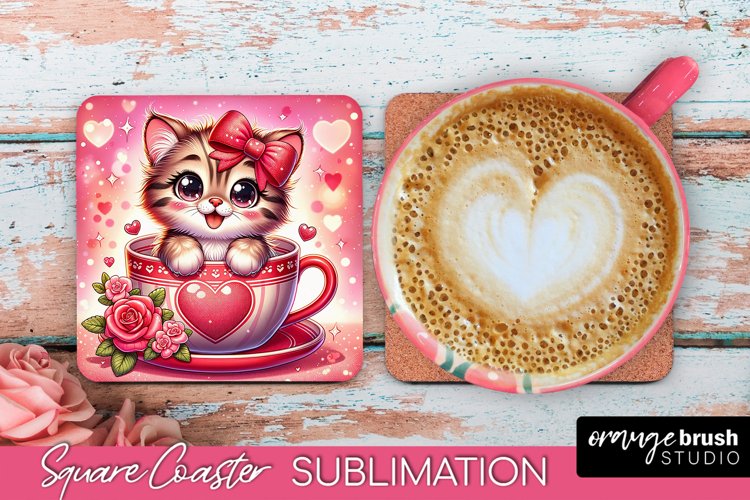 Valentines Day Cat Square Coaster Sublimation PNG Design