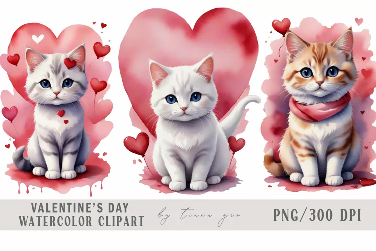 Watercolor cute Valentines day cat clipart- 3 png