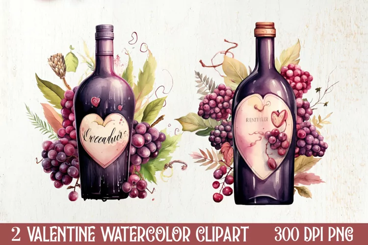 Bottle Wine Valentine Watercolor Clipart, Christmas Clipart