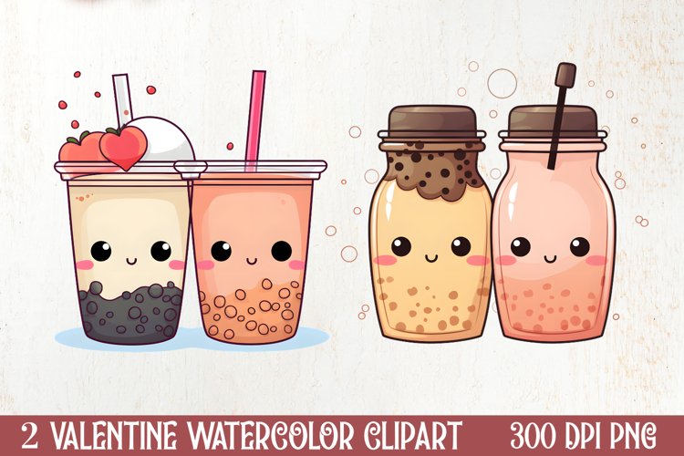 Cute Bubble Tea Valentine Clipart, Valentines Clipart