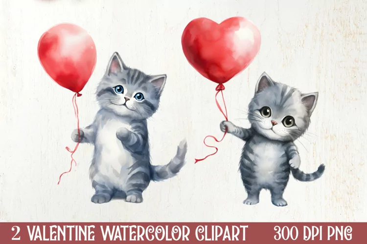 Watercolor Cat Heart Valentine Clipart, Valentines PNG