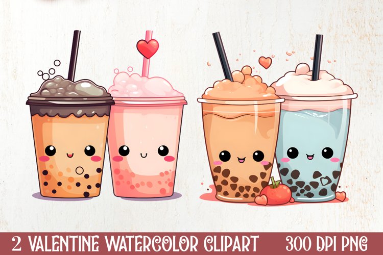 Cute Bubble Tea Valentine Clipart, Valentines Clipart