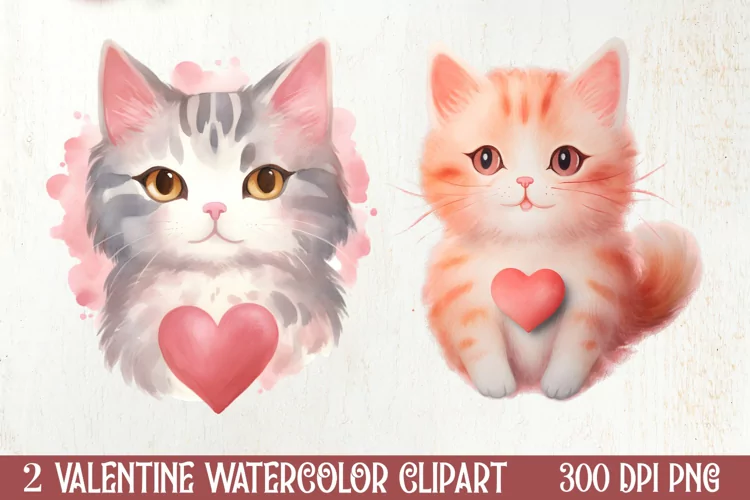 Watercolor Cat Heart Valentine Clipart, Valentines PNG