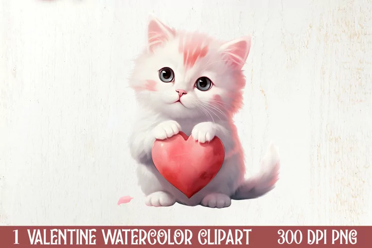 Cute Cat Holding Heart Valentine Clipart, Valentines Clipart