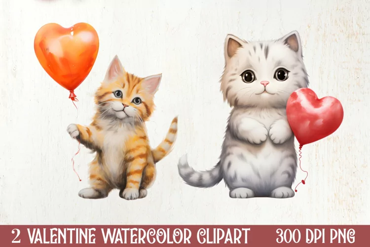 Watercolor Cat Heart Valentine Clipart, Valentines PNG