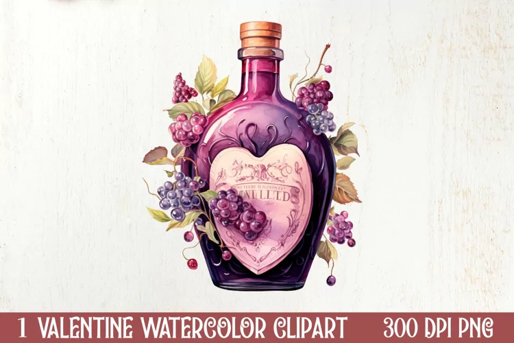 Bottle Wine Valentine Watercolor Clipart, Christmas Clipart