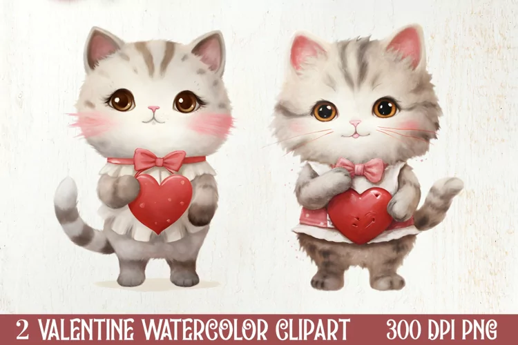 Watercolor Cat Heart Valentine Clipart, Valentines PNG