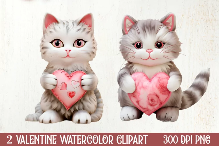 Watercolor Cat Heart Valentine Clipart, Valentines PNG