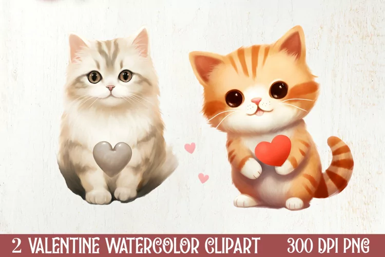 Watercolor Cat Heart Valentine Clipart, Valentines PNG