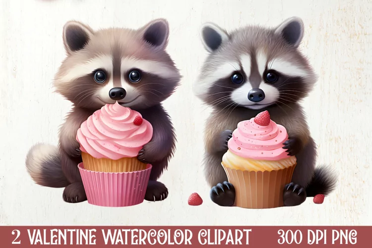 Racoon Loves Cupcake Valentine Clipart, Christmas Clipart