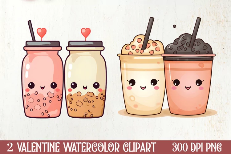 Cute Bubble Tea Valentine Clipart, Valentines Clipart