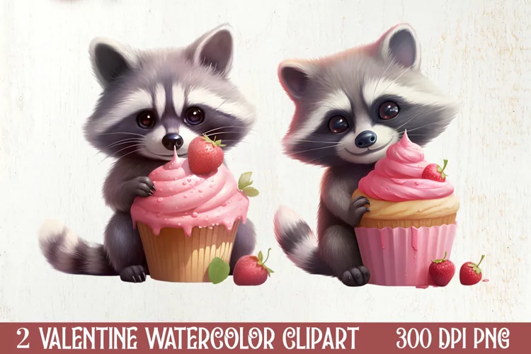 Racoon Loves Cupcake Valentine Clipart, Christmas Clipart
