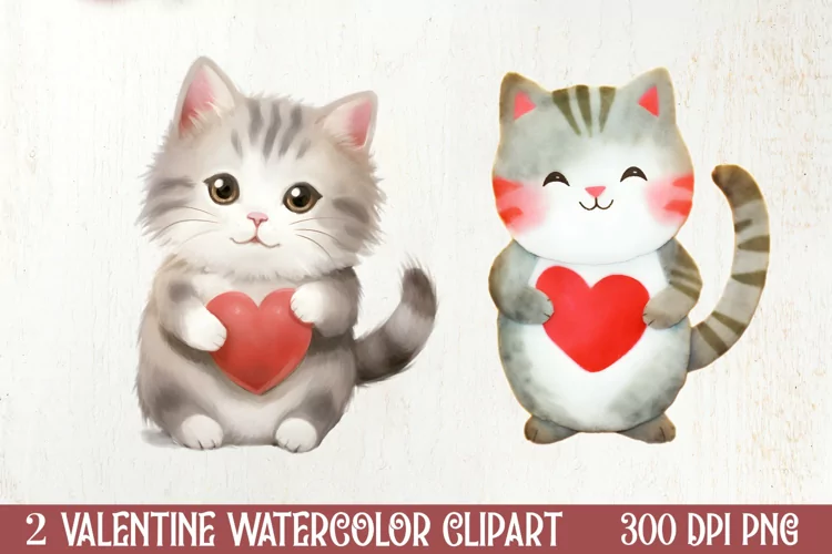 Watercolor Cat Heart Valentine Clipart, Valentines PNG
