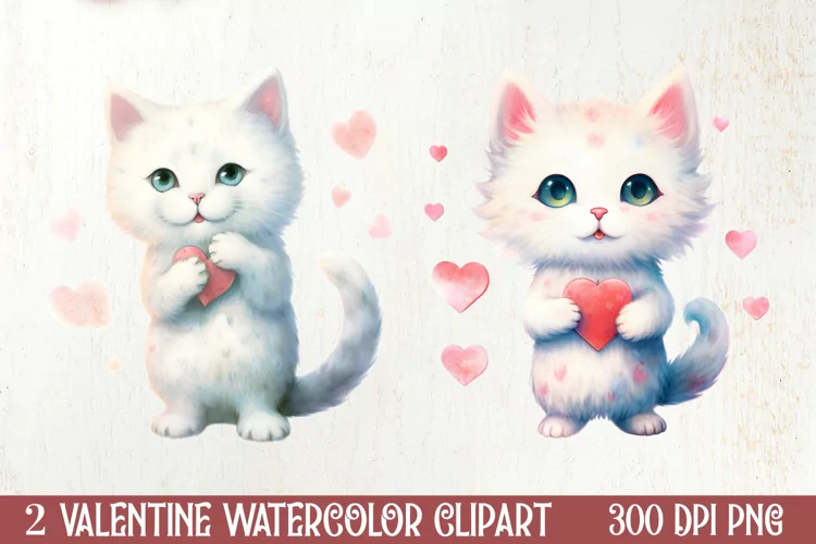 Watercolor Cat Heart Valentine Clipart, Valentines PNG