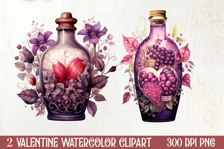 Bottle Wine Valentine Watercolor Clipart, Christmas Clipart