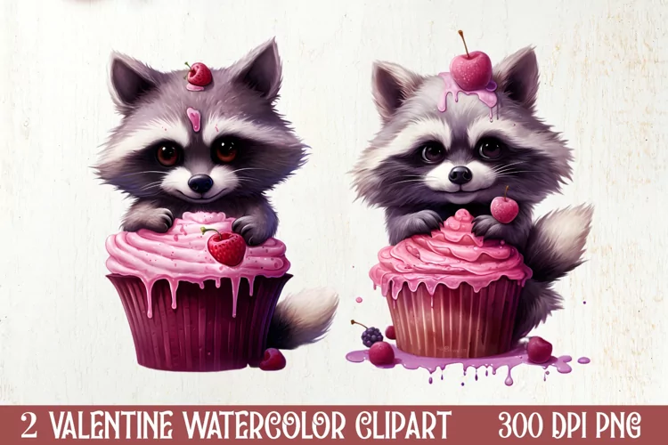 Racoon Loves Cupcake Valentine Clipart, Christmas Clipart