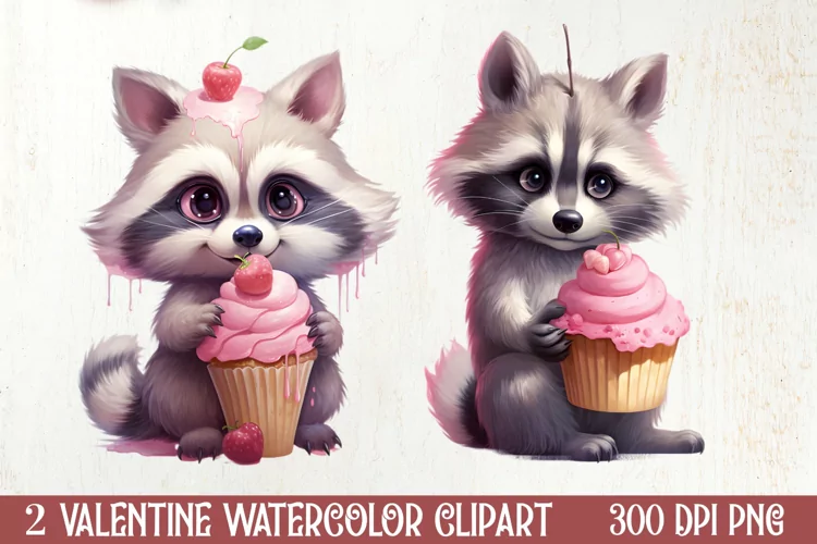 Racoon Loves Cupcake Valentine Clipart, Christmas Clipart