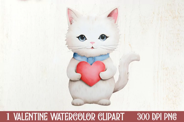 Watercolor Cat Heart Valentine Clipart, Valentines PNG