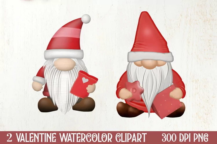 Gnome Watercolor Valentines Clipart, Valentines Clipart