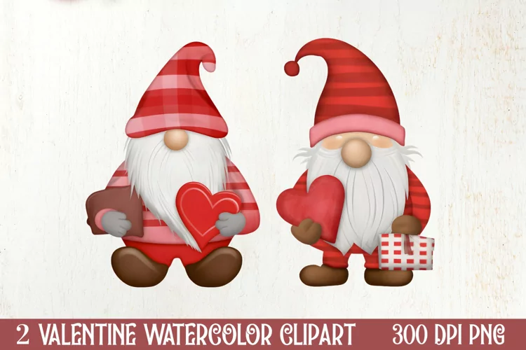 Gnome Watercolor Valentines Clipart, Valentines Clipart