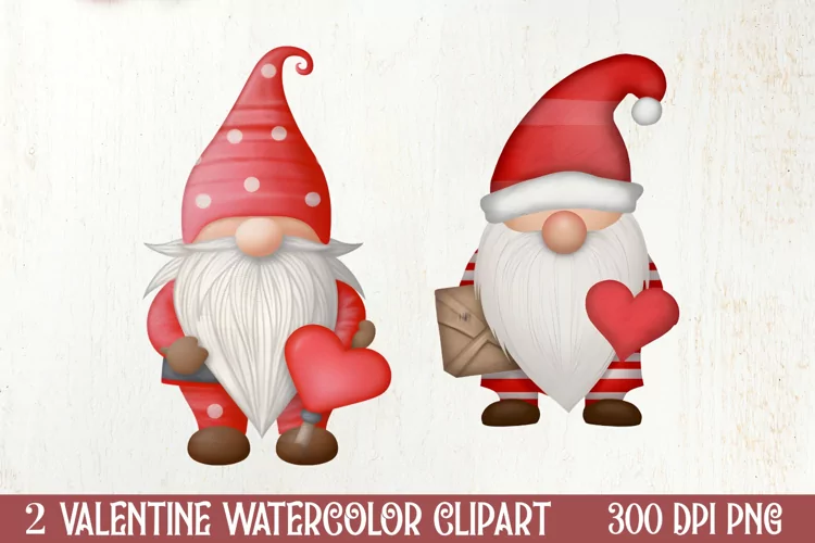 Gnome Watercolor Valentines Clipart, Valentines Clipart