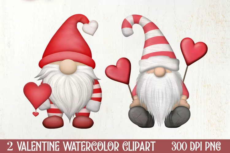 Gnome Watercolor Valentines Clipart, Valentines Clipart