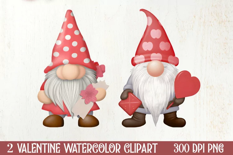 Gnome Watercolor Valentines Clipart, Valentines Clipart
