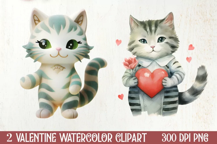 Watercolor Cat Heart Valentine Clipart, Valentines PNG