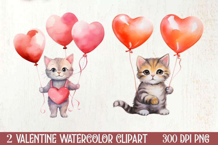 Watercolor Cat Heart Valentine Clipart, Valentines PNG