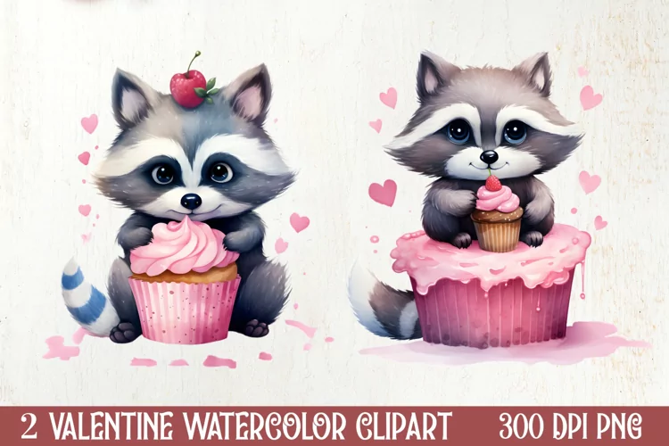 Racoon Loves Cupcake Valentine Clipart, Christmas Clipart
