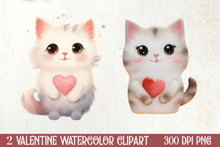 Watercolor Cat Heart Valentine Clipart, Valentines PNG