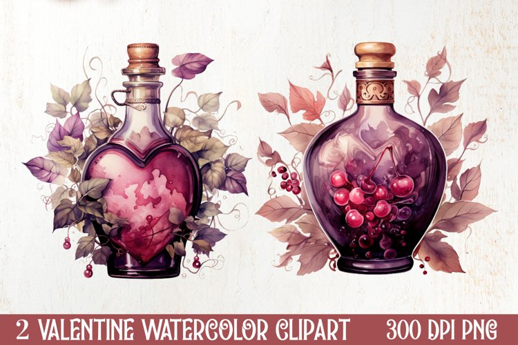 Bottle Wine Valentine Watercolor Clipart, Christmas Clipart