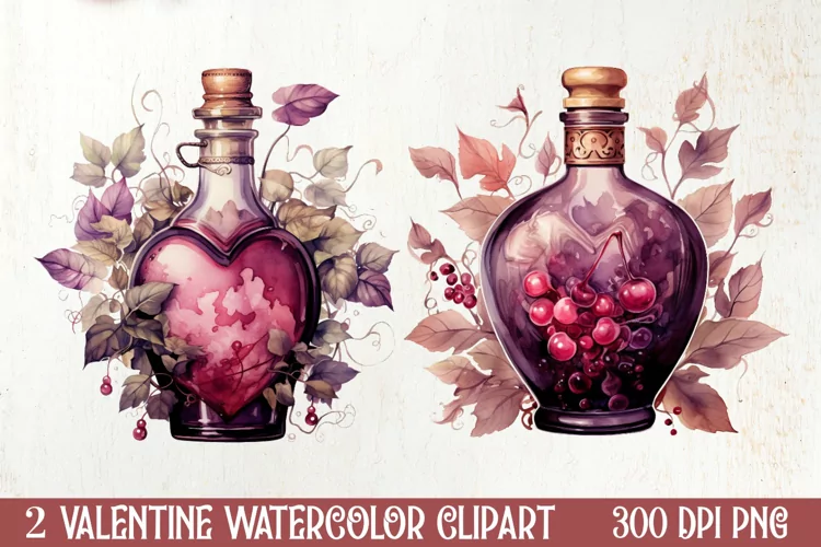 Bottle Wine Valentine Watercolor Clipart, Christmas Clipart