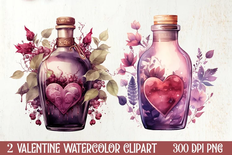 Bottle Wine Valentine Watercolor Clipart, Christmas Clipart
