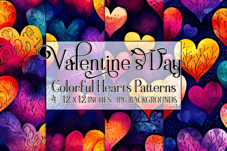 Valentine's Day, Colorful Neon Hearts, Seamless Patterns, s1