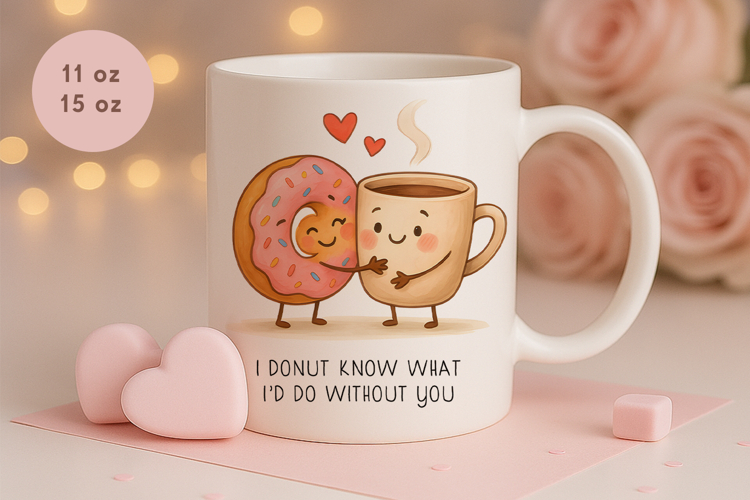 Funny valentines day mug, food pun mug, donut and coffee