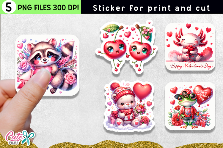 5 Valentine Stickers | Cute Love PNG Sublimation Pack