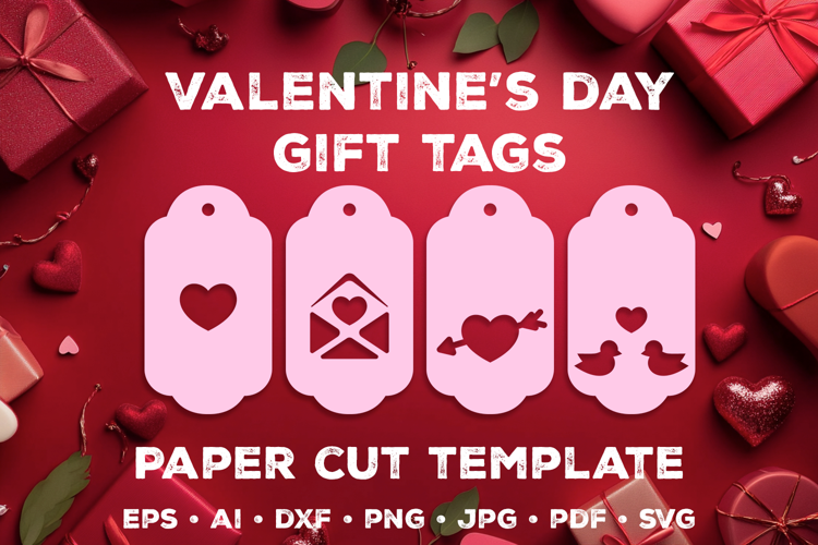 Paper Cut Valentine’s Gift Tags Template, Romantic Heart Tag