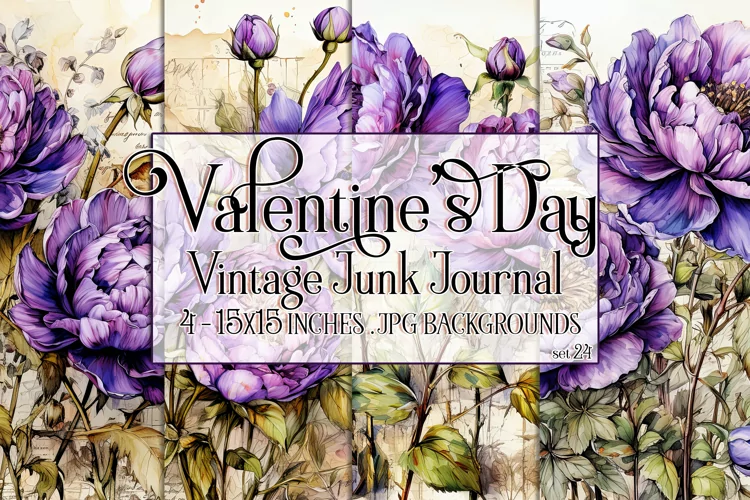 Valentine's Day, Vintage Floral Junk Journal Backgrounds, 24