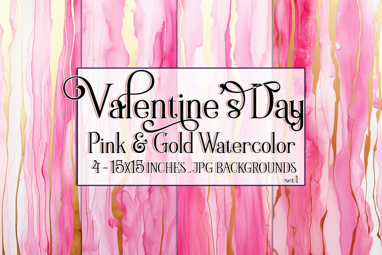 Valentine's Day, Pink & Gold Watercolor Backgrounds, s1