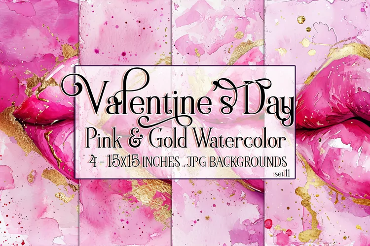 Valentine's Day, Pink & Gold Watercolor Backgrounds, s11